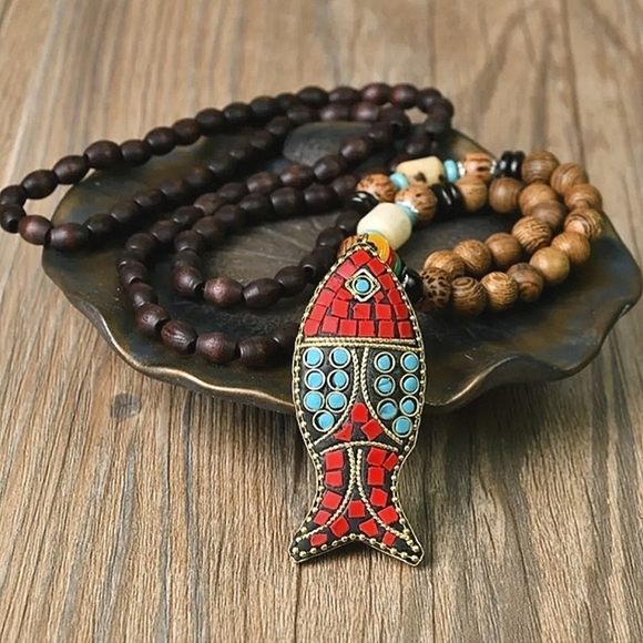 Long Sweater Necklace 20" Stone Bead Red Blue Pisces Fish Jewelry Boho Necklaces - Picture 4 of 10